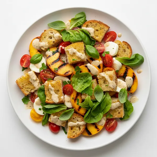 Sourdough Panzanella Salad with Grilled Peach, Tomato and Cream Italian Sauce